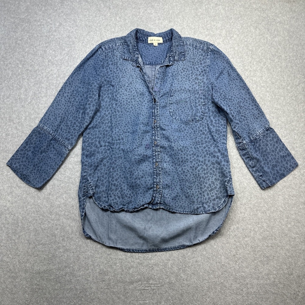 Cloth & Stone Top Small Blue Geometric Hi Low Button Up Casual College Tencel